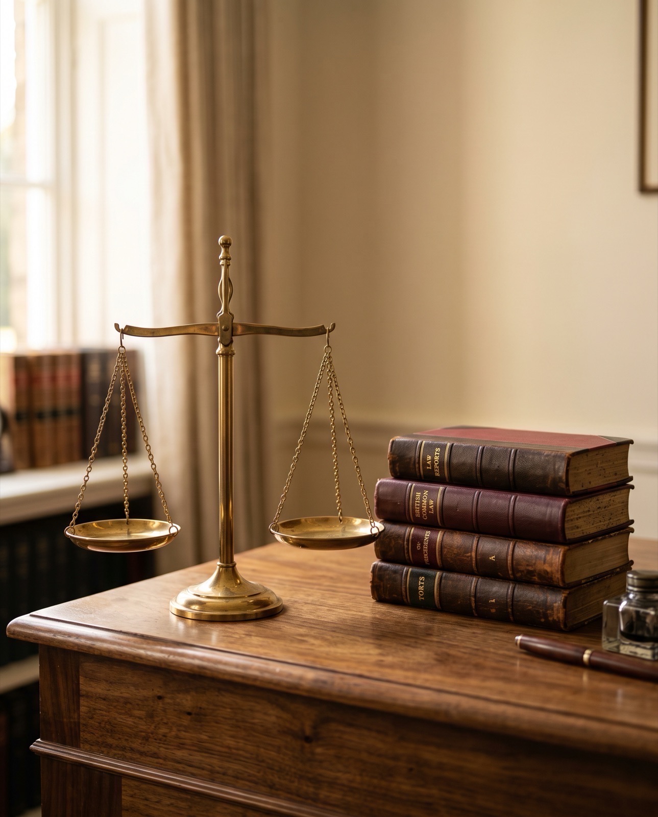 Scales of justice and legal volumes